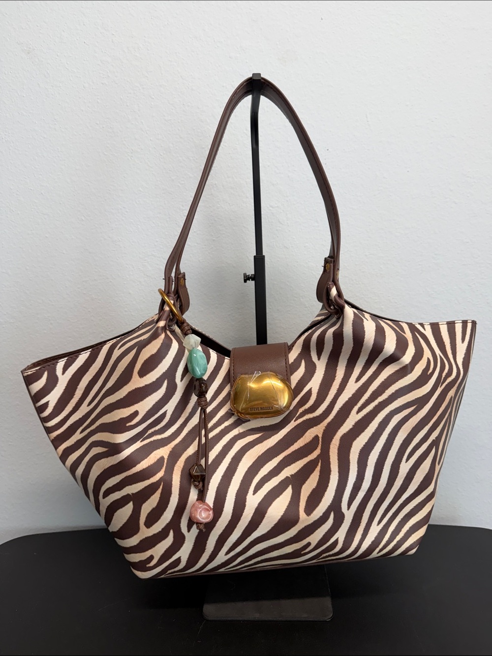 Steve Madden | Safari Zebra Print Statement Tote w/ Bag Charm